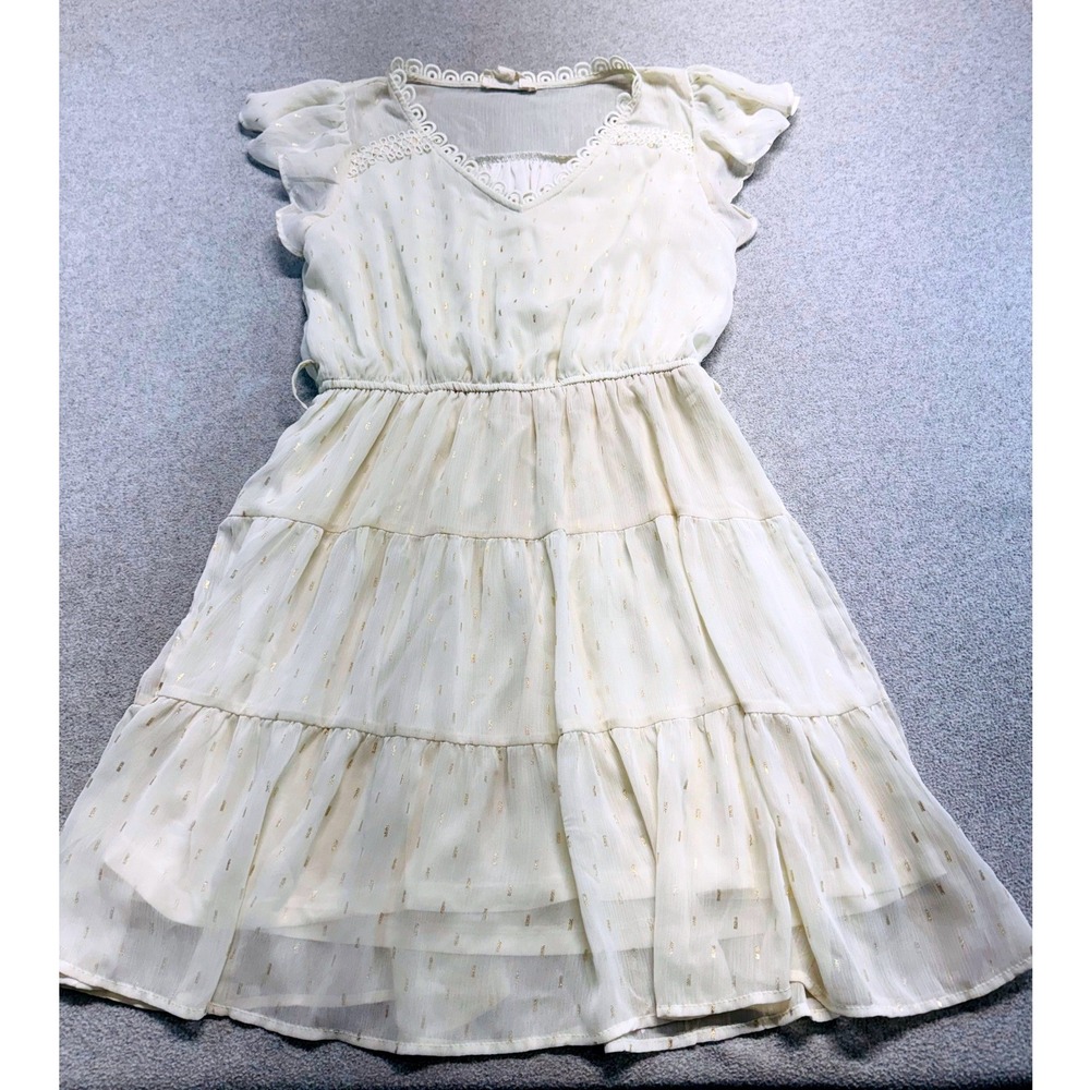 Sweet Wanderer Ivory Gold Metallic Chiffon Midi Dress Tiered Flutter Sleeve Boho